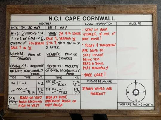 Weather board displayed outside NCI Cape Cornwall