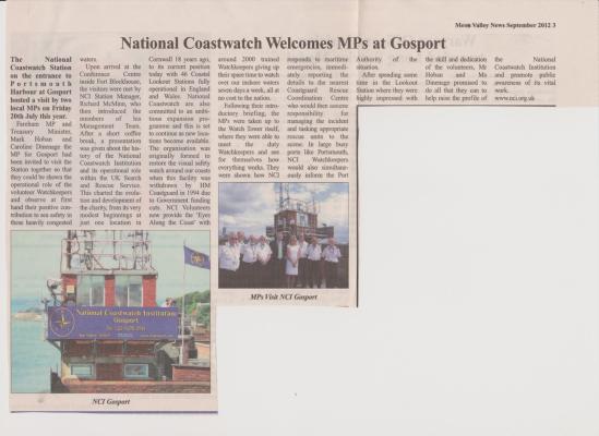 Newspaper article about MP's visit to NCI Gosport