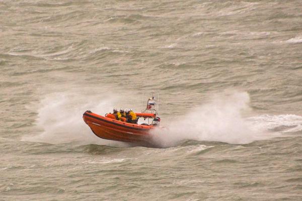 RNLI Calshot lifeboat Max Walls seen from the tower on a rough day