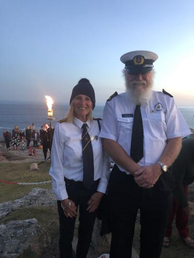 Annie Coak & Richard  Saynor from NCI Cape Cornwall at NCI Gwennap Head Queen's Platinum Beacon lighting