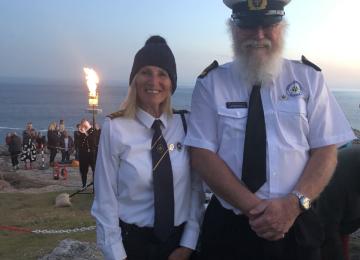 Annie Coak & Richard  Saynor from NCI Cape Cornwall at NCI Gwennap Head Queen's Platinum Beacon lighting